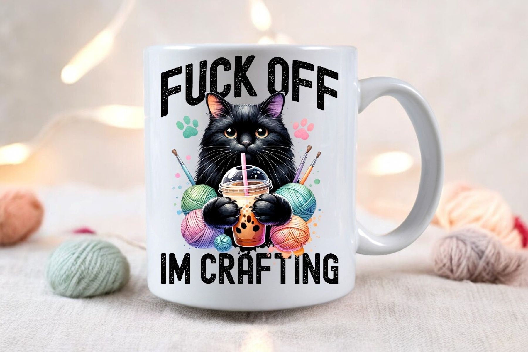 Funny Fuck Off Im Crafting 11 Fl Oz Glossy Mug Cat, crochet or knitting enthusiast
