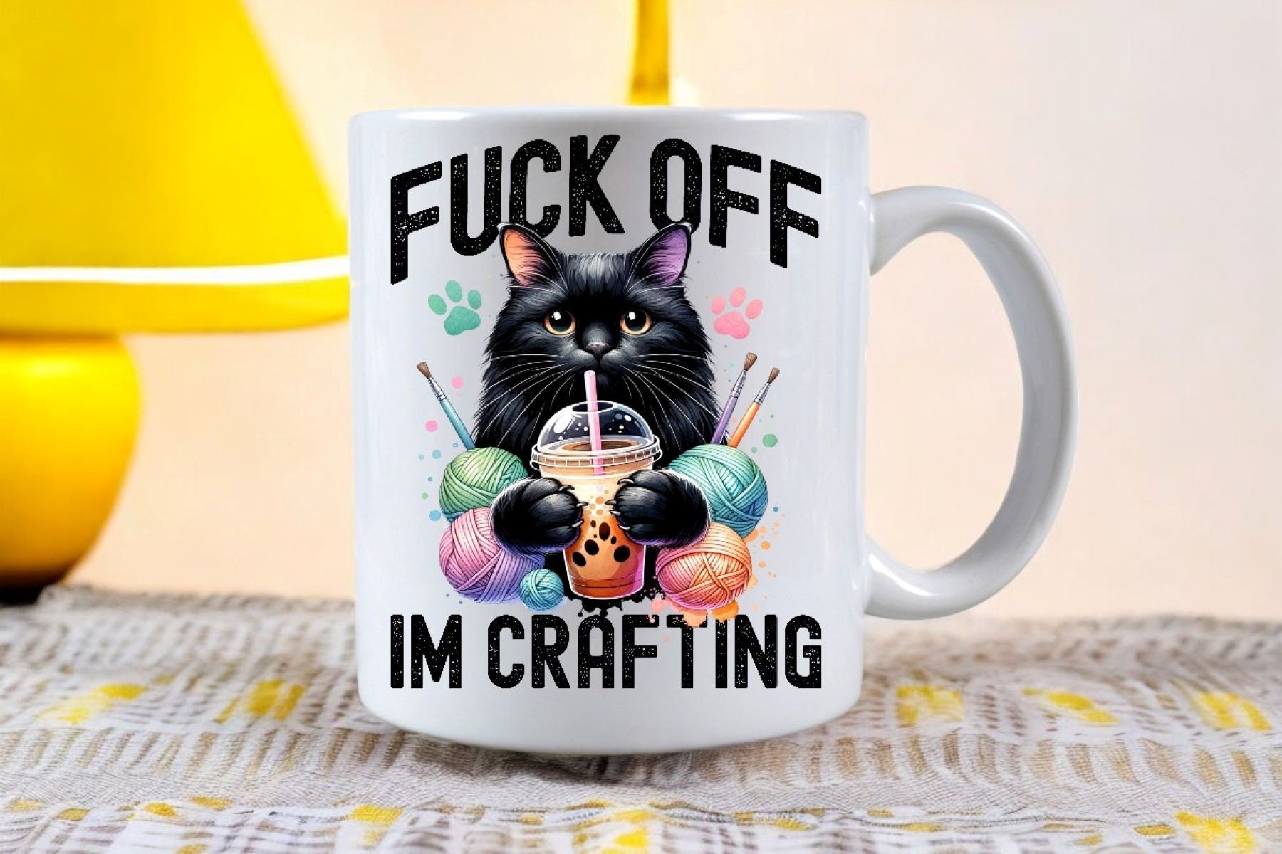 Funny Fuck Off Im Crafting 11 Fl Oz Glossy Mug Cat, crochet or knitting enthusiast