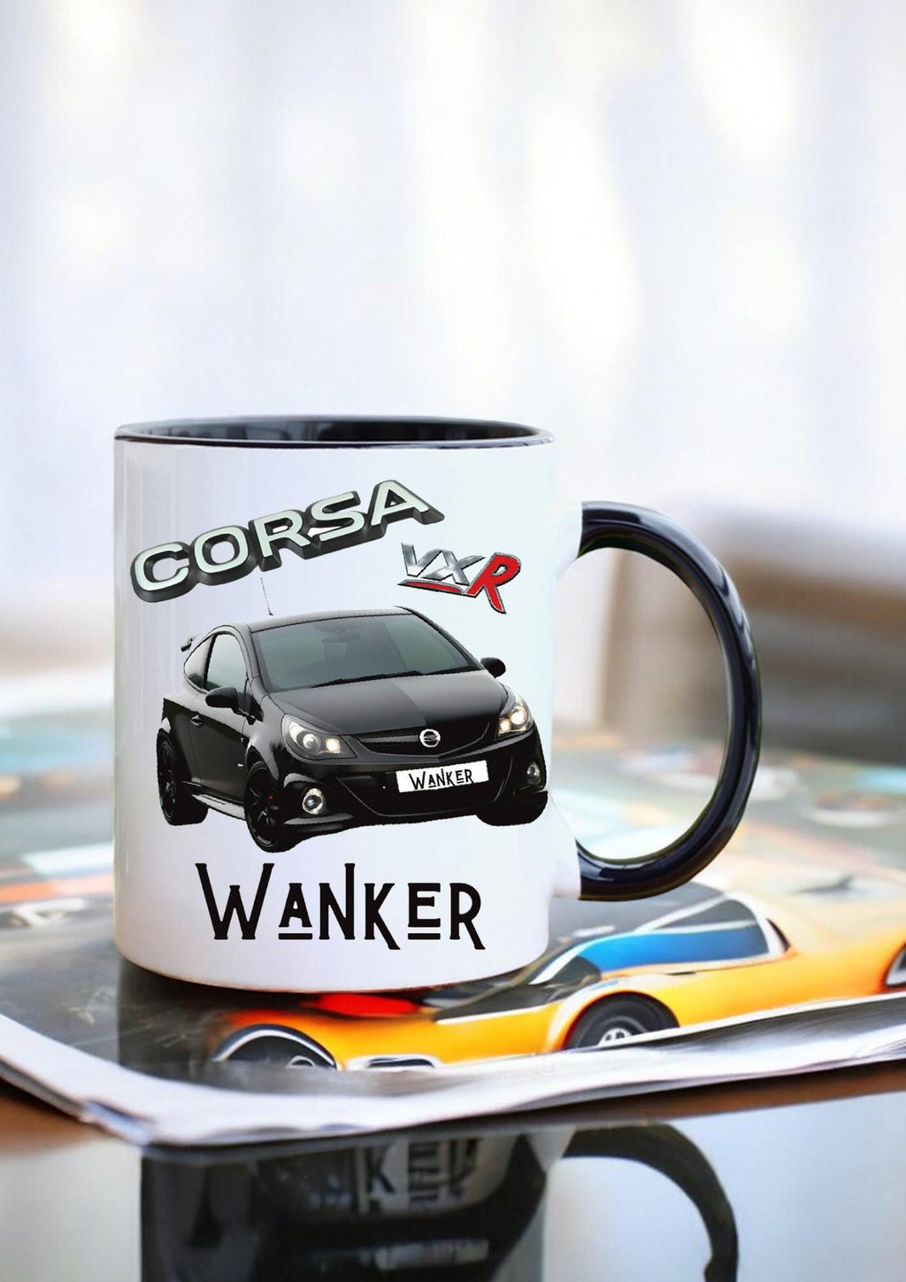 Corsa Wanker black colour change mug, coaster, and mouse mat – funny car gift for Corsa D C fans, Father’s Day, or garage office