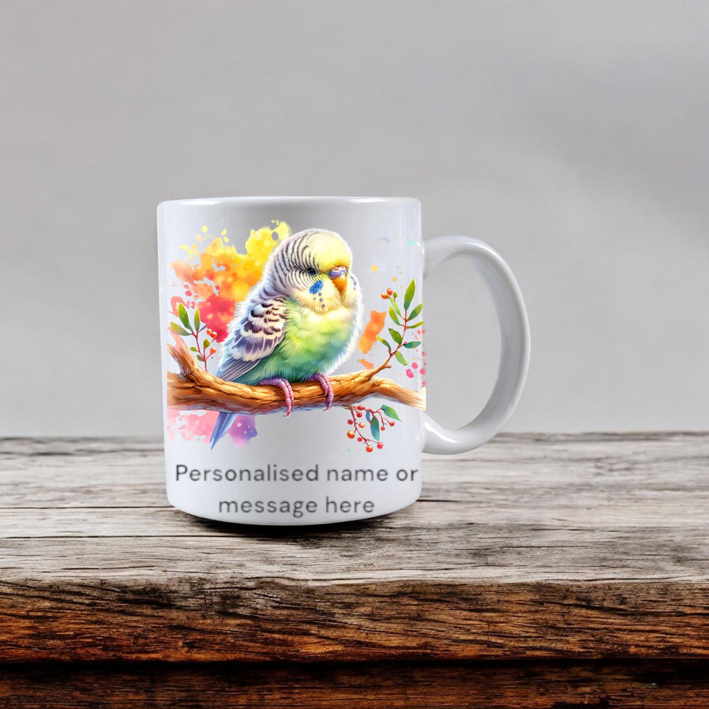 Mug with a budgie design and text on a wooden surface