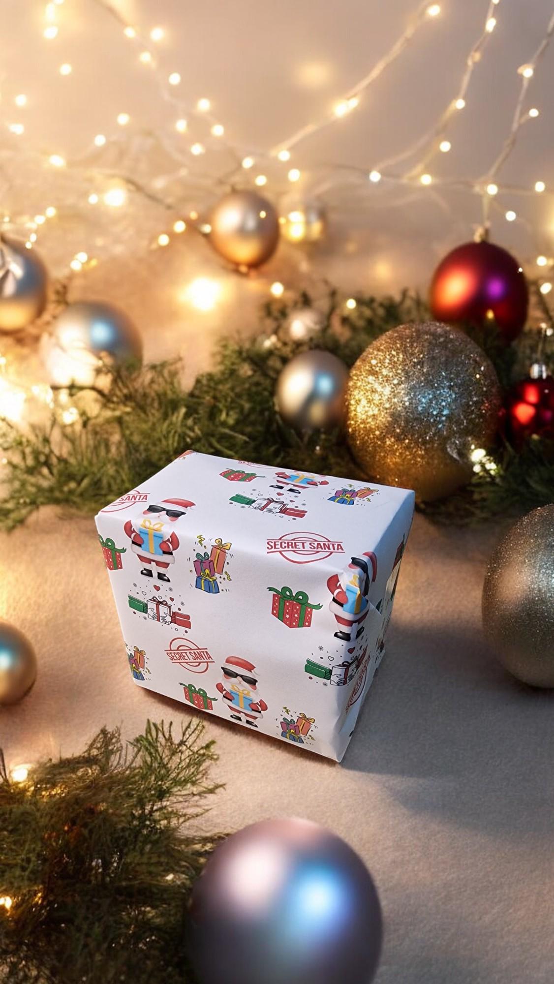 Two A3 sheets of Secret Santa wrapping paper with a festive design, displayed as funny Christmas gift wrap.