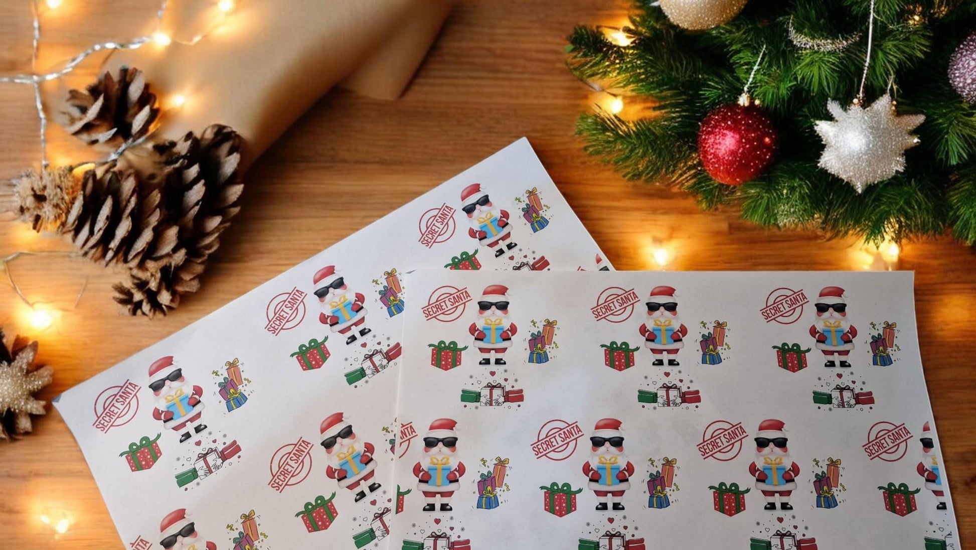 Two A3 sheets of Secret Santa wrapping paper with a festive design, displayed as funny Christmas gift wrap.