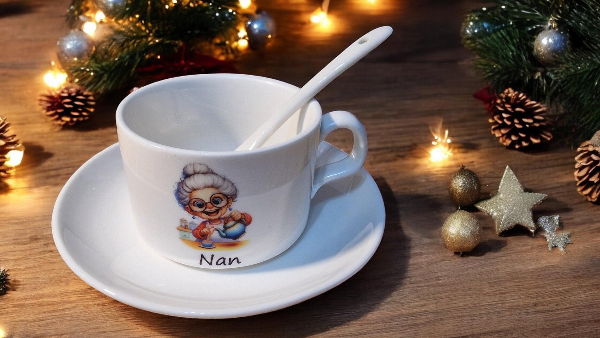 Personalised Grandma Gifts - Elegant Personalised Teacup Set with Cup, Saucer, and Spoon - Luxurious 4oz Hot Drink Nan Coffee Set