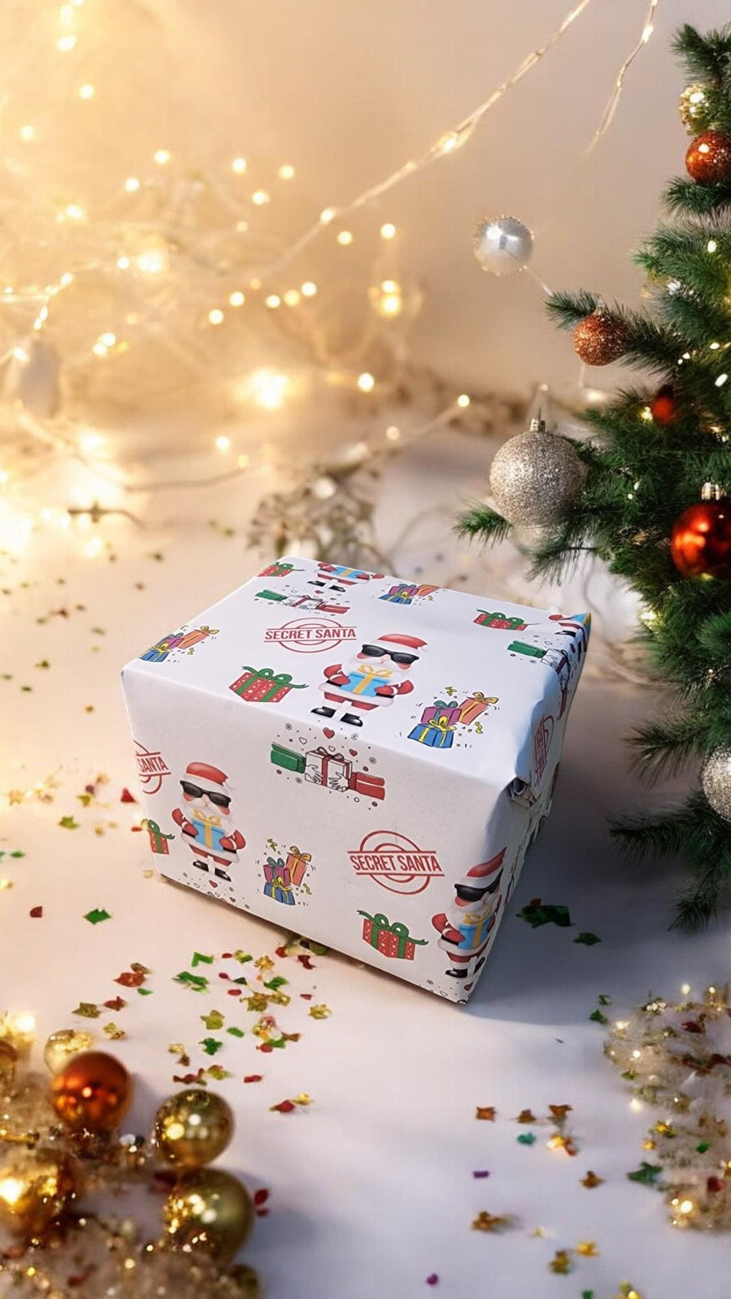 Two A3 sheets of Secret Santa wrapping paper with a festive design, displayed as funny Christmas gift wrap.