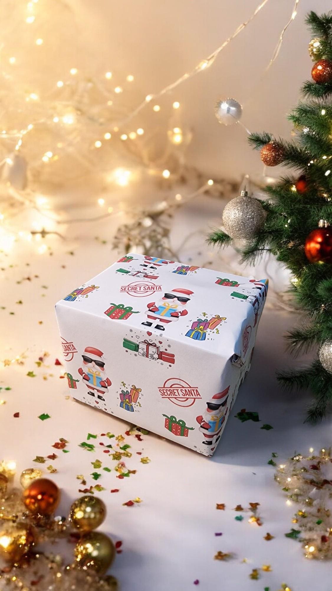 Two A3 sheets of Secret Santa wrapping paper with a festive design, displayed as funny Christmas gift wrap.