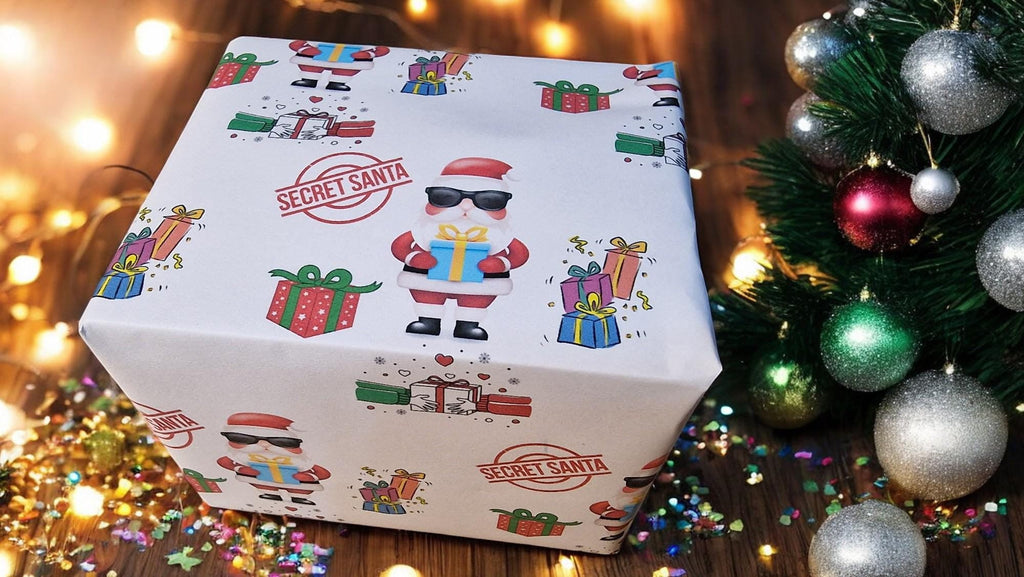 Two A3 sheets of Secret Santa wrapping paper with a festive design, displayed as funny Christmas gift wrap.