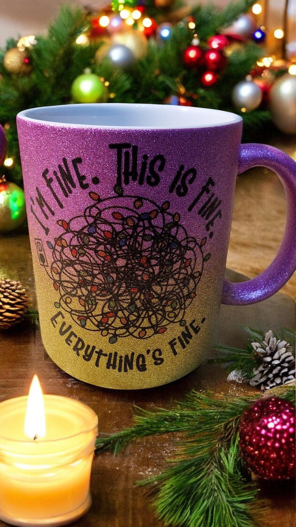Im Fine Pink And Gold Glitter Mug. Christmas Vacation inspired gift. Anxiety