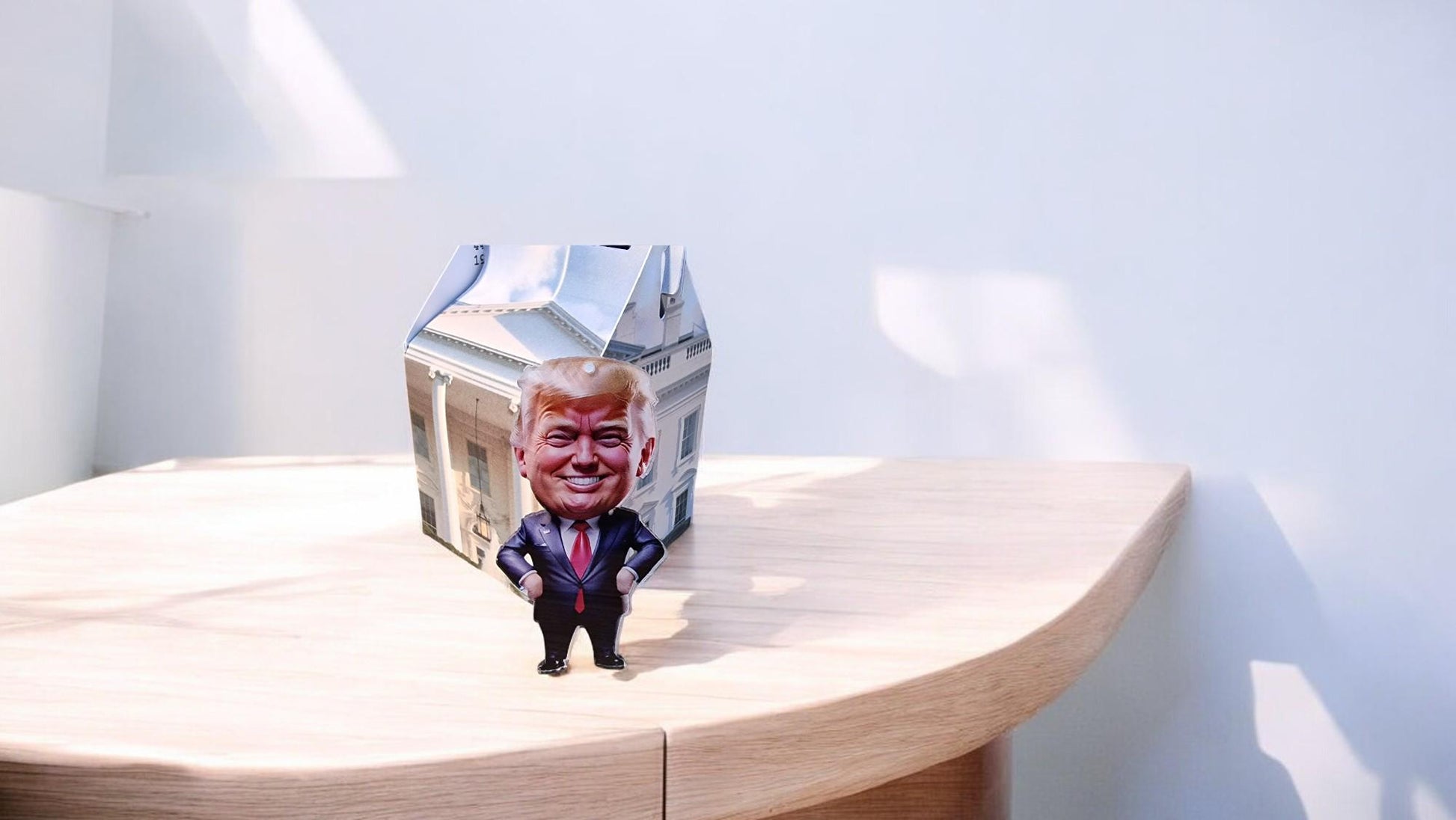Acrylic Trump Christmas tree hanging decoration with White House-themed gift box, available in three designs.