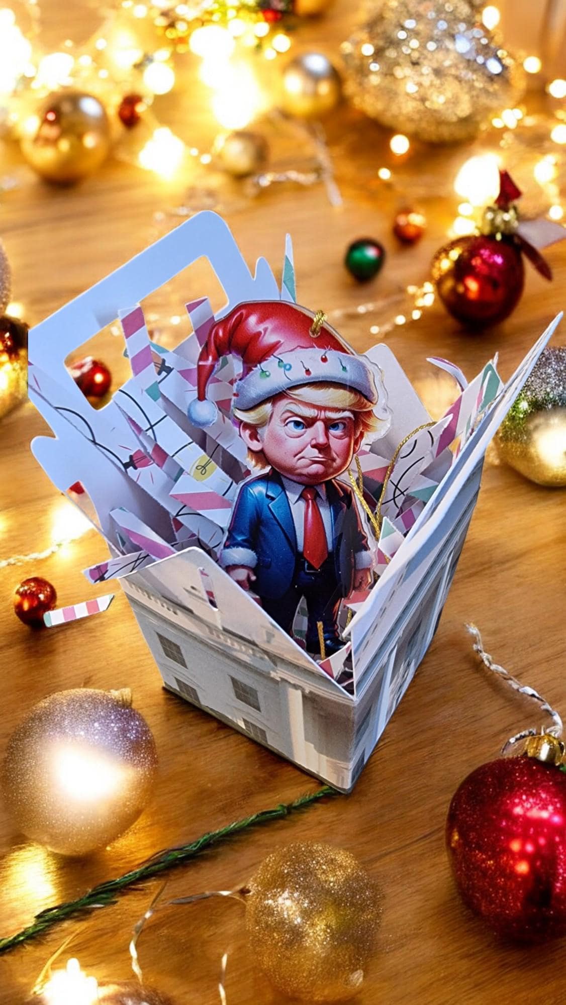 Acrylic Trump Christmas tree hanging decoration with White House-themed gift box, available in three designs.