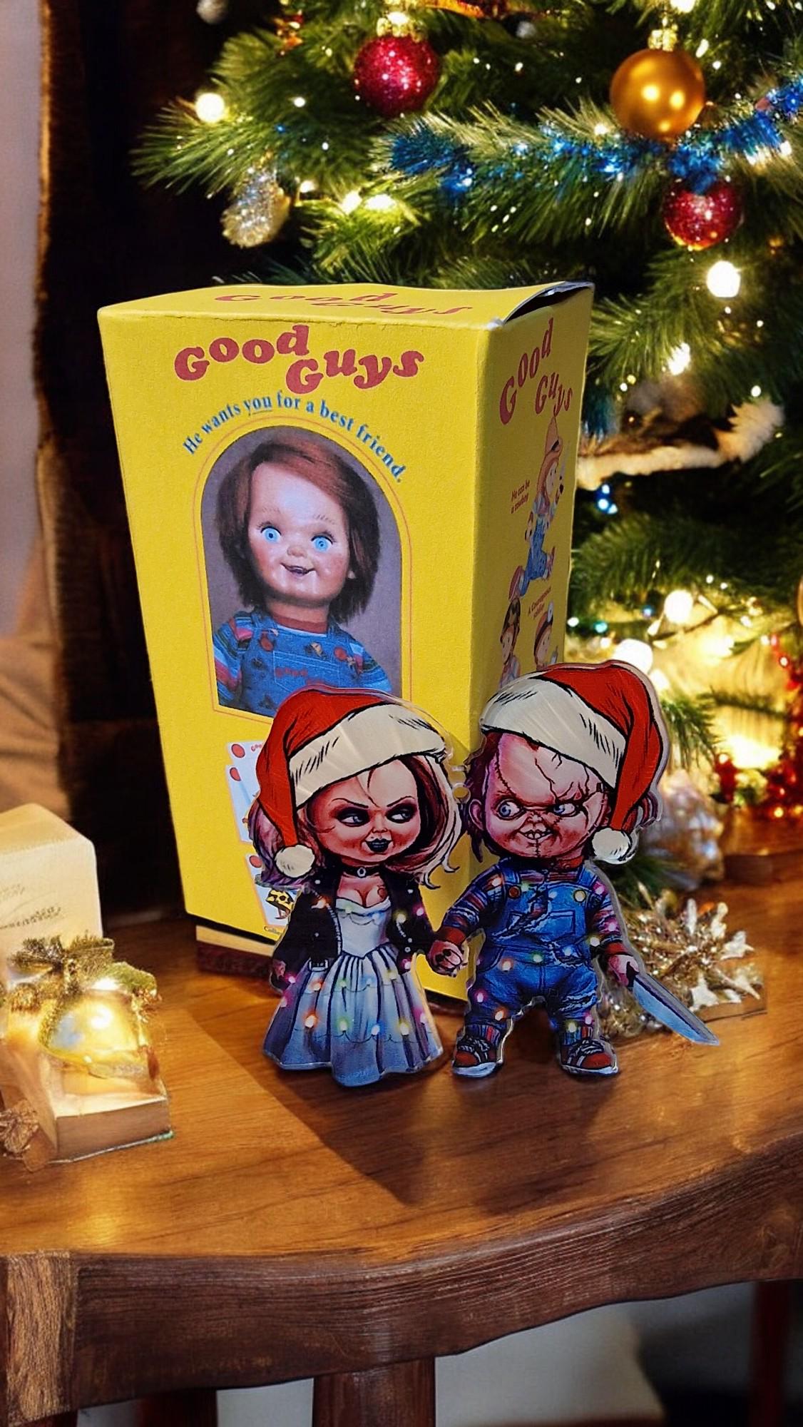 Acrylic Chucky and Bride of Chucky Tiffany Christmas tree decorations in a themed gift box, displayed as horror movie ornaments.