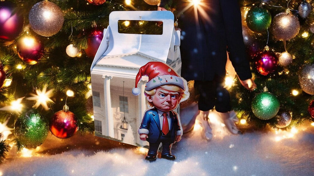 Acrylic Trump Christmas tree hanging decoration with White House-themed gift box, available in three designs.