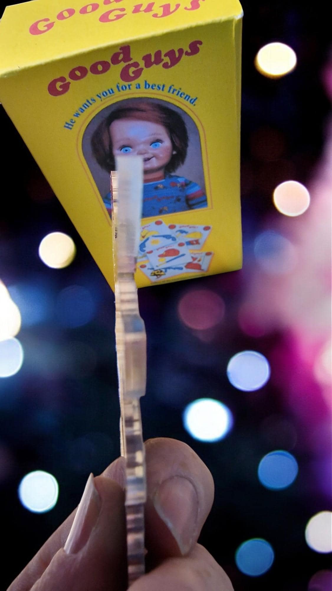 Acrylic Chucky and Bride of Chucky Tiffany Christmas tree decorations in a themed gift box, displayed as horror movie ornaments.