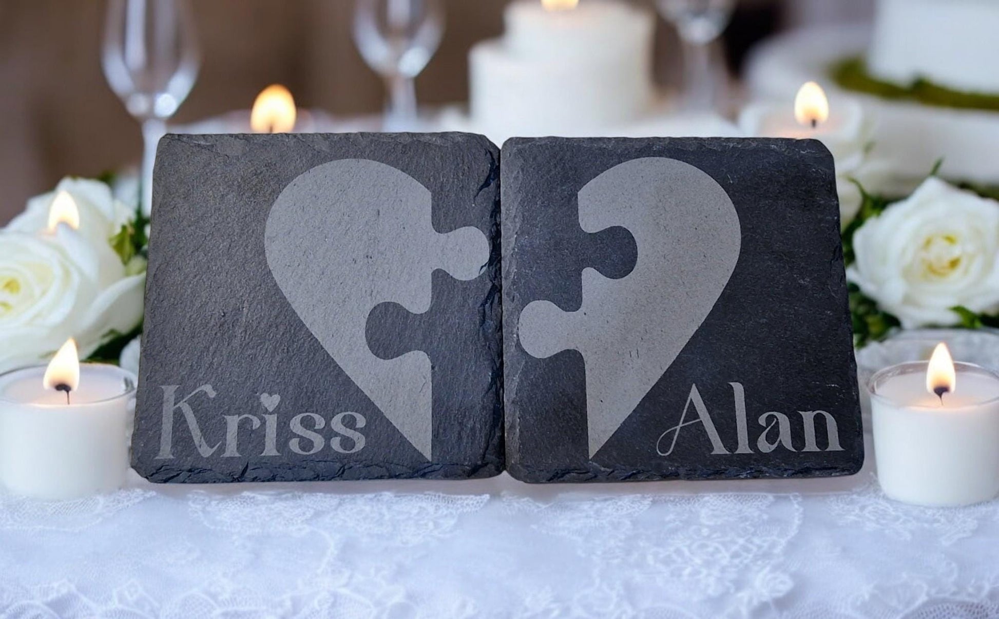 Set of two personalised slate jigsaw heart coasters with engraved names, packaged in a custom gift box, ideal for weddings, Valentine’s Day, or anniversaries.