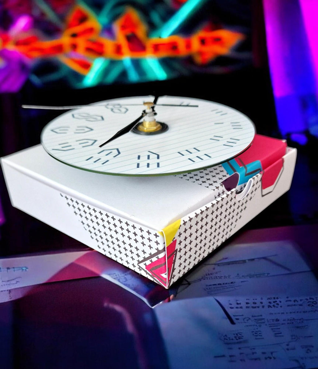 Gift boxed wall clock made from a CD with the 90s graffiti “S” design, displayed as a unique retro gift.