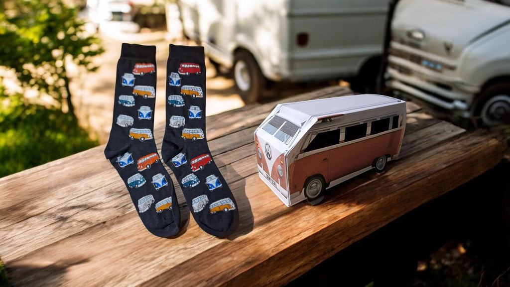 Campervan-themed socks in a retro motorhome gift box – unique travel gift for outdoor lovers, UK size 6–10