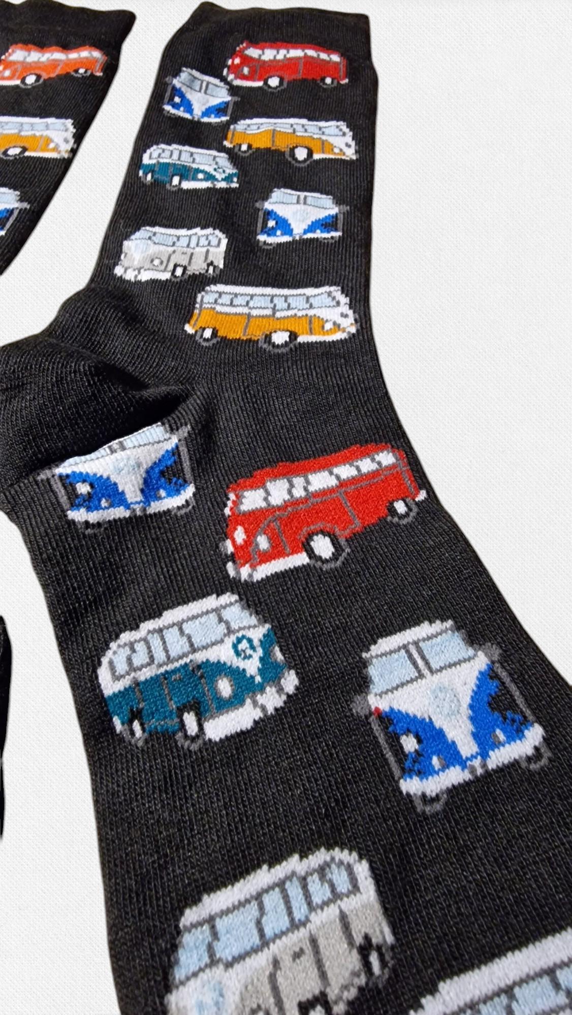Campervan-themed socks in a retro motorhome gift box – unique travel gift for outdoor lovers, UK size 6–10