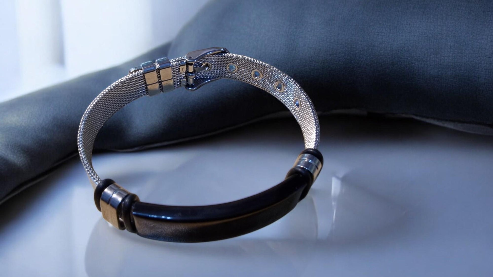 Personalised engraved medical ID steel bracelet in black or silver, adjustable mesh design for men or women, ideal for health and safety emergencies.