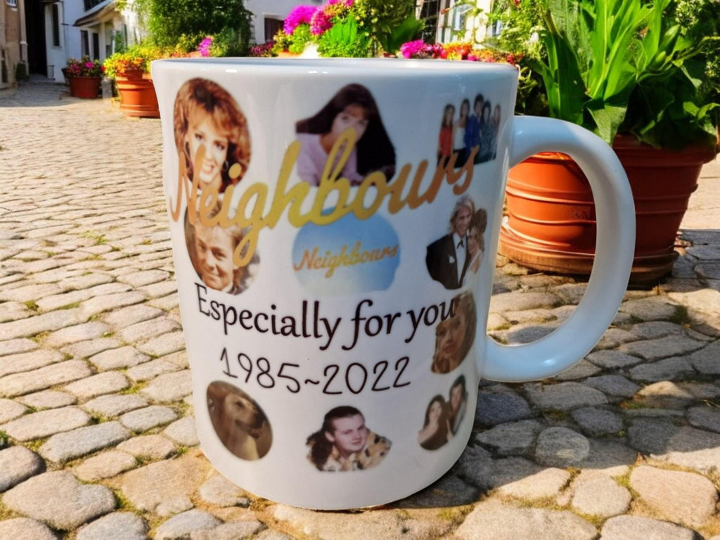 Neighbours mug featuring Kylie and Jason, “Especially for You 1985–2022” design – perfect Secret Santa or Christmas office gift