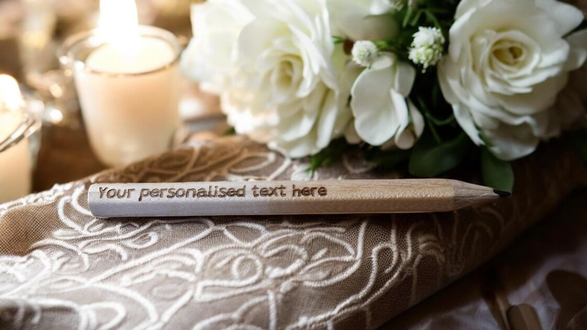 Set of 10 personalised mini wooden pencils with custom engraving, eco-friendly and packed in a matching engraved box—ideal for memorials, gifts, or office favours.