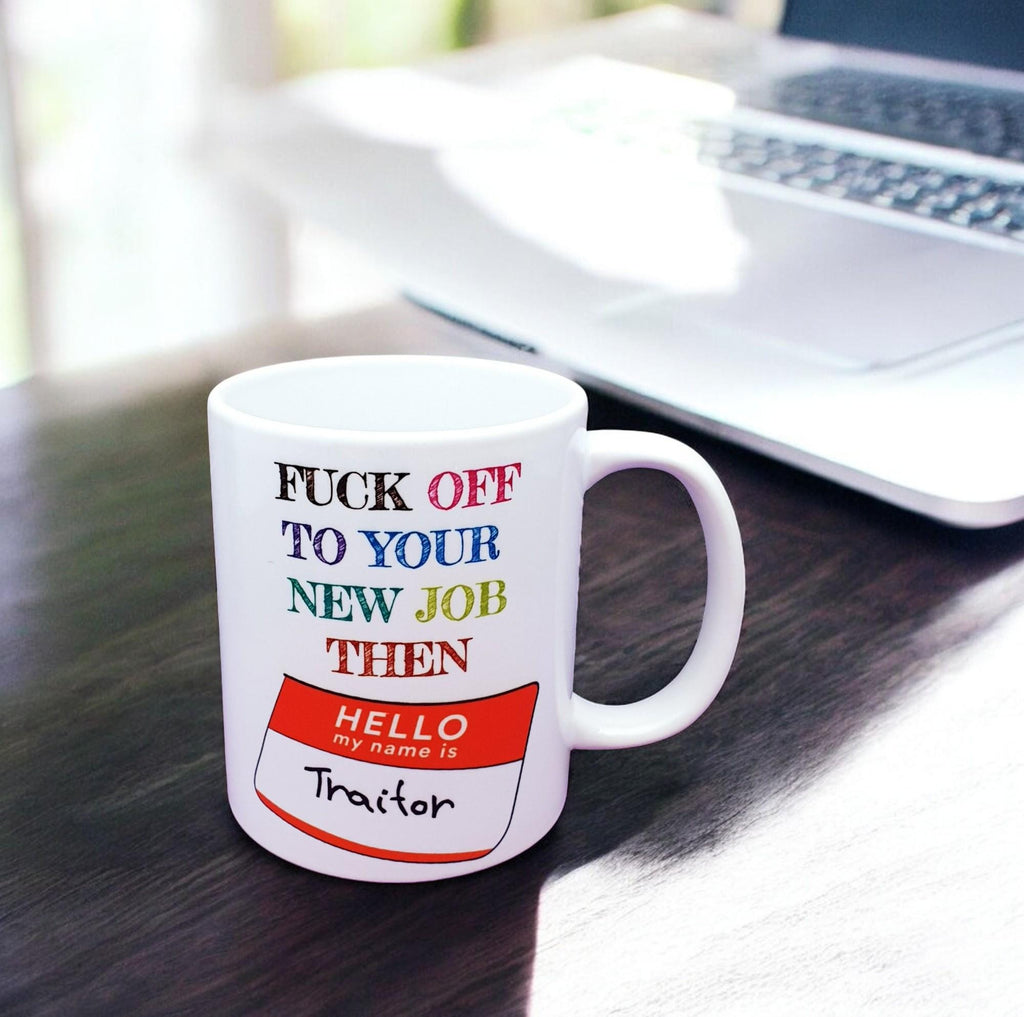 Funny “F* Off to Your New Job” traitor mug and optional coaster – cheeky office goodbye or leaving gift