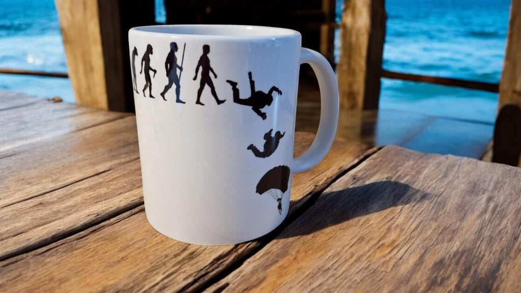 skydiving mug. sky dive water bottle, sports bottle parachute. Secret santa, clock. office gifts. Evolution of man.
