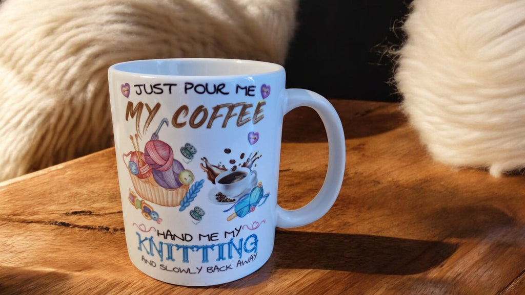 Knitting mug with charming yarn and needles design – perfect ceramic gift for knitters, crocheters, and craft lovers
