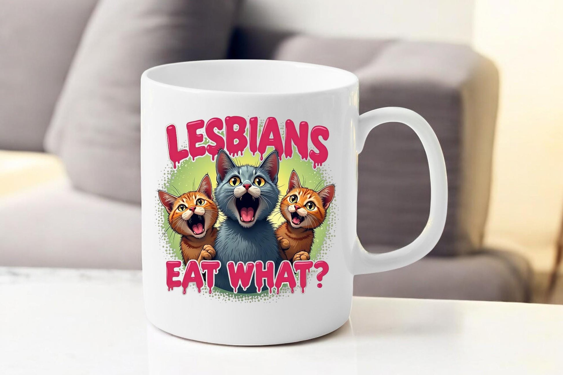 Lesbians Eat What? funny cat mug – glossy ceramic, sassy lesbian pride gift with bold statement