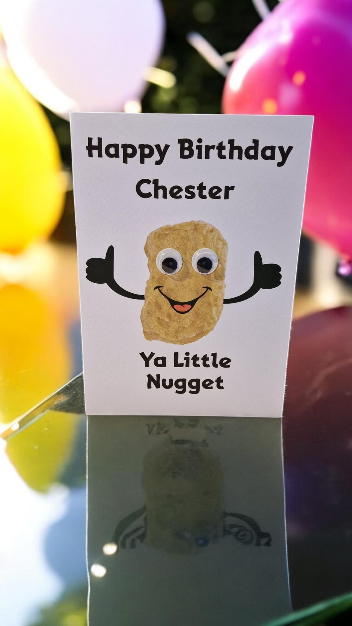 Personalised Happy Birthday Nugget card with custom name and free 58mm pin badge – charming 5x7" greeting card