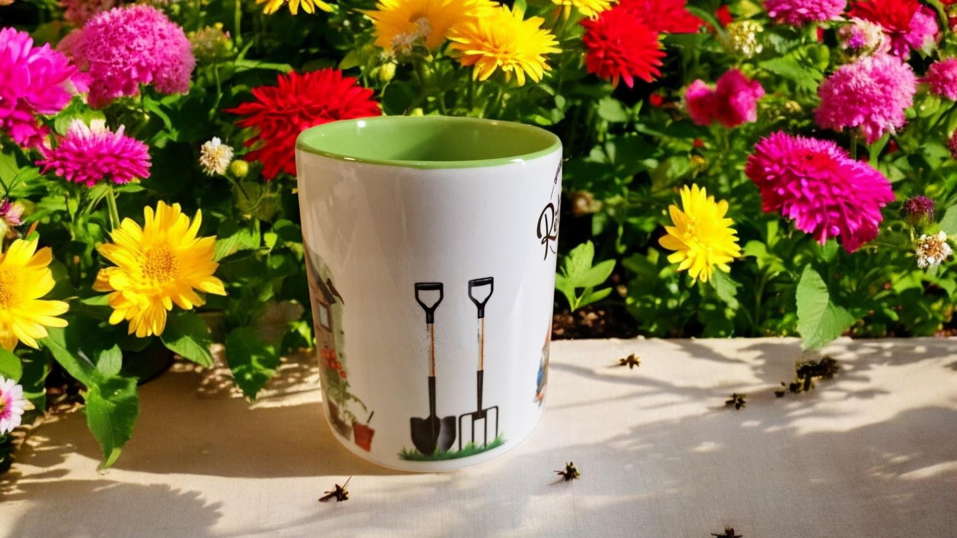 Happy Retirement mug with “You’re Leaving” and “Officially Retired” design, shown as a mug and as a quirky planter vase