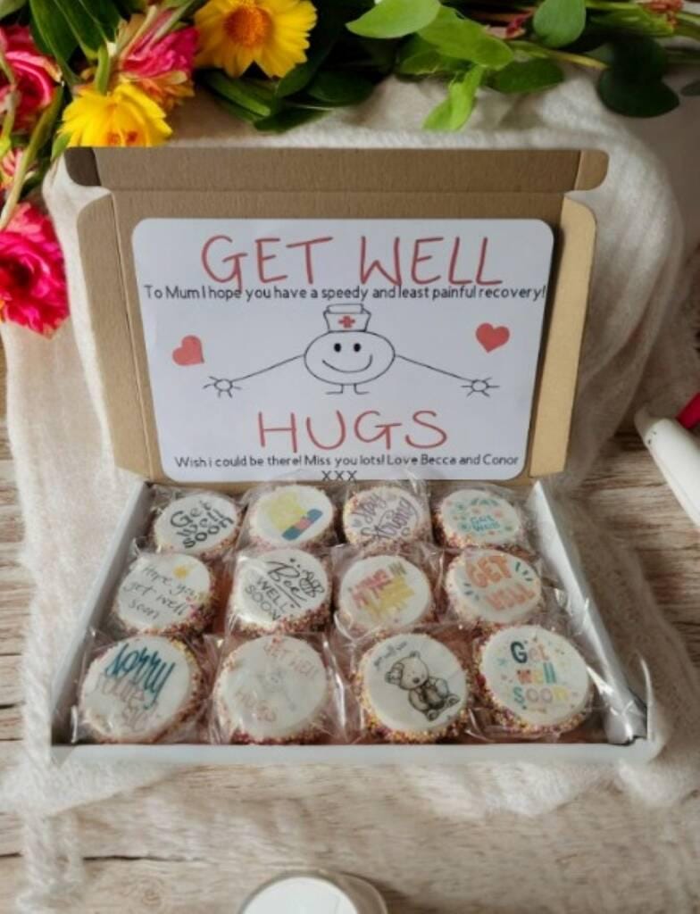 Box of personalised chocolate chip cookies with colourful edible toppers and sprinkles – get well soon pick me up gift