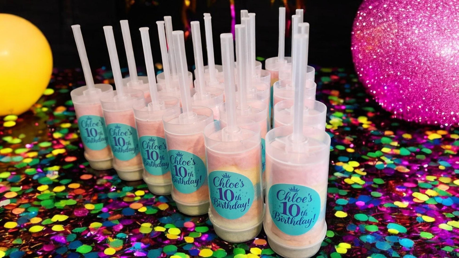 Childrens or Adults Candy Floss push pops X10 Personalised. Fairground party