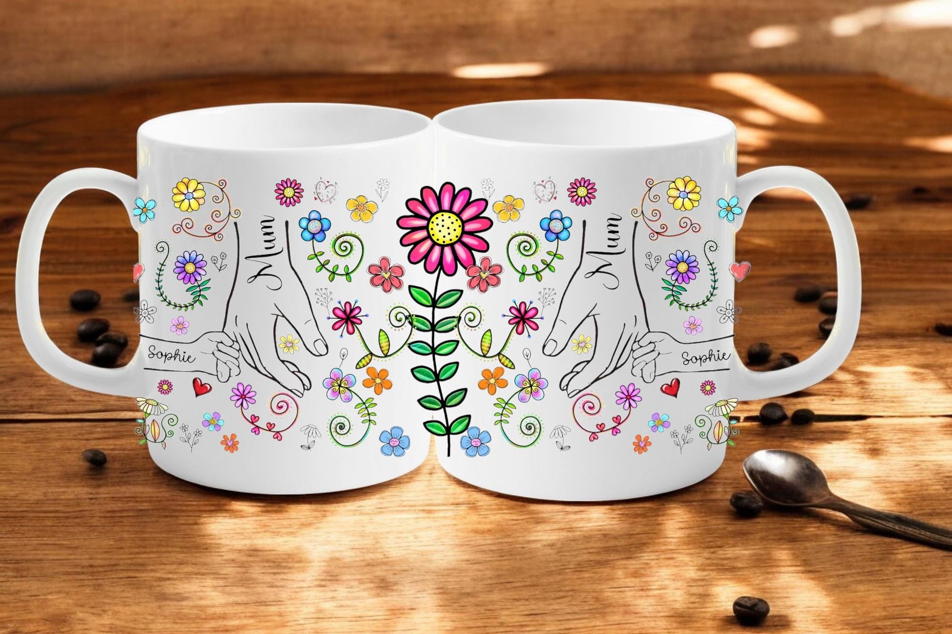 Personalised holding hands mug with up to 6 custom names – sentimental ceramic keepsake for family, friends, or couples