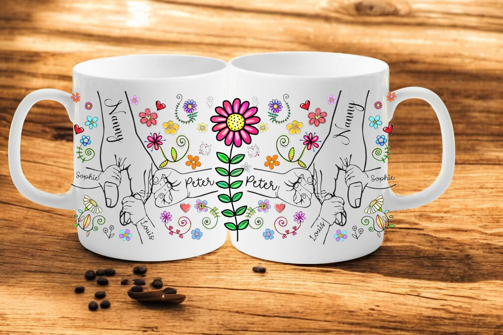 Personalised holding hands mug with up to 6 custom names – sentimental ceramic keepsake for family, friends, or couples