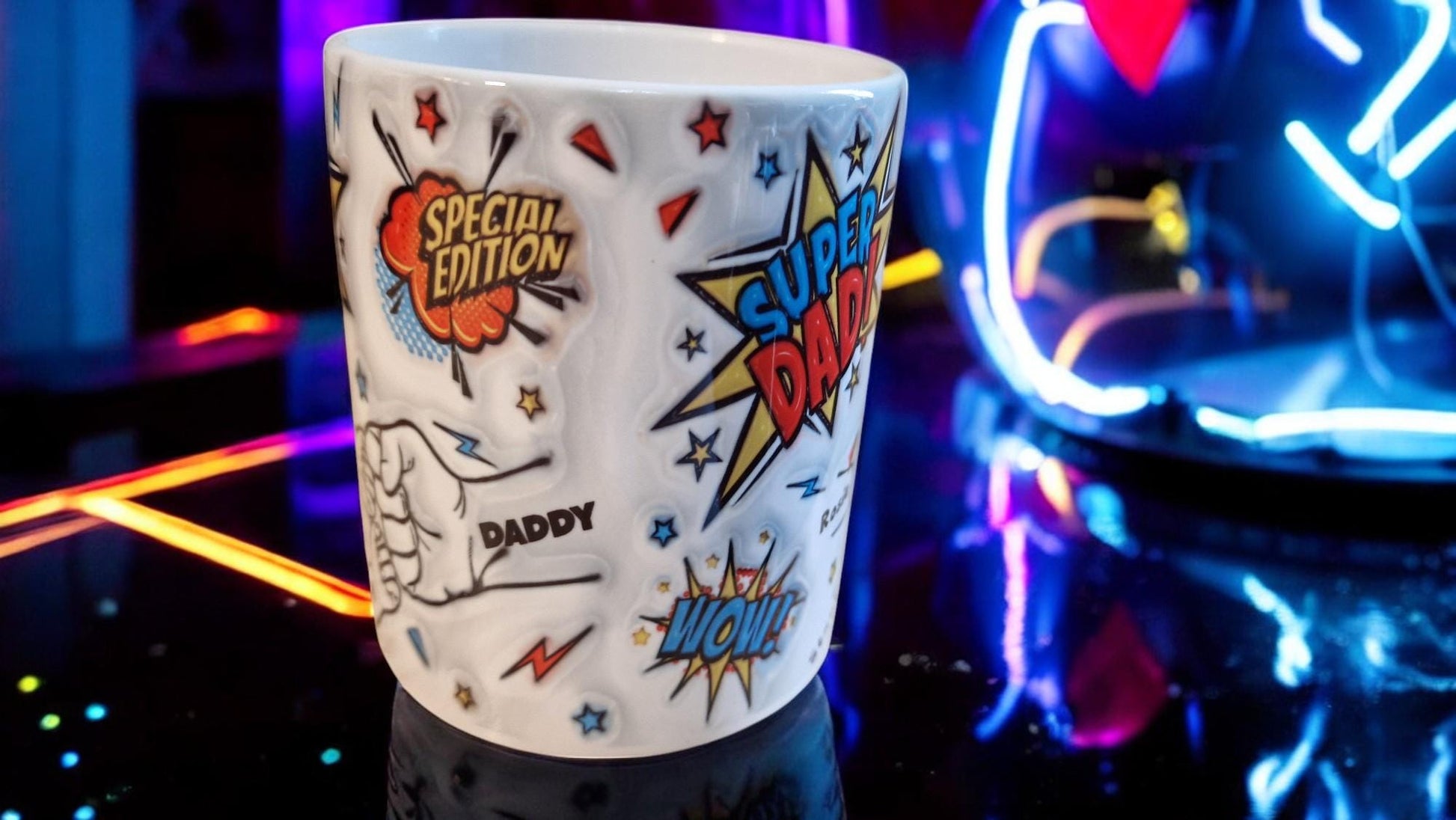 White ceramic mug with comic book “Super Dad!” and “Special Edition” graphics, plus a fist-bump illustration personalised with kids’ names