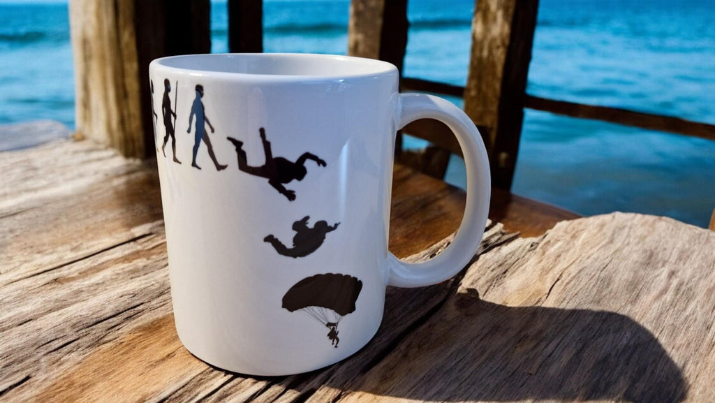 skydiving mug. sky dive water bottle, sports bottle parachute. Secret santa, clock. office gifts. Evolution of man.