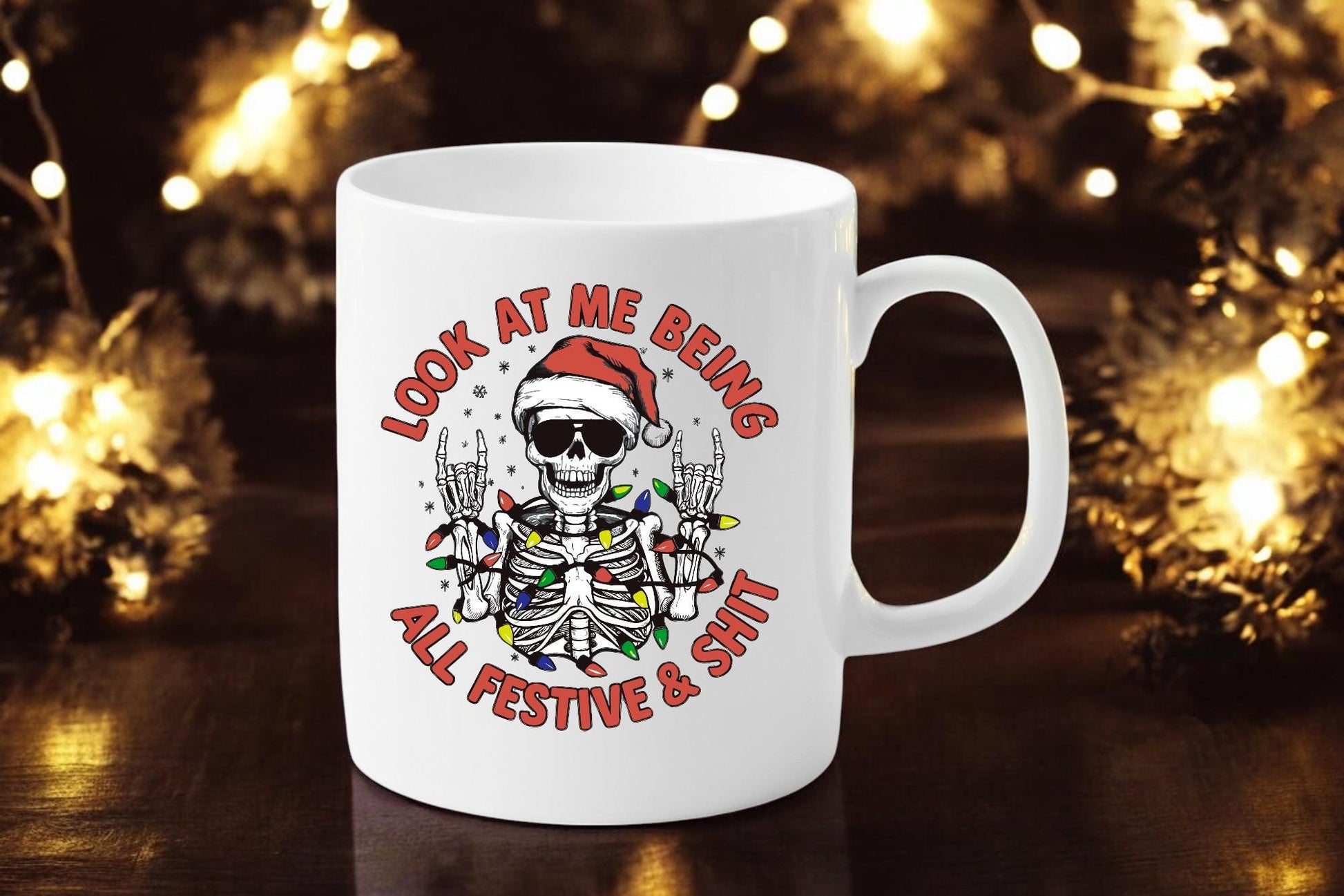 Not Very Festive mug with skeleton in Santa hat – anti-Christmas, Secret Santa, dark humour gift