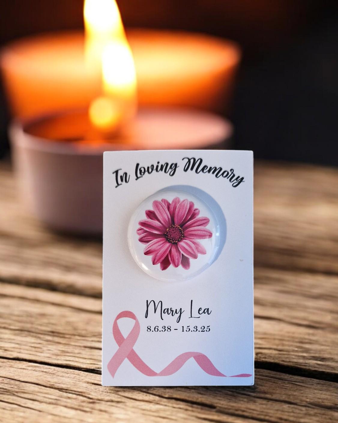 Set of 20 personalised In Loving Memory keepsake badges for funerals, displayed on a white background with custom text.