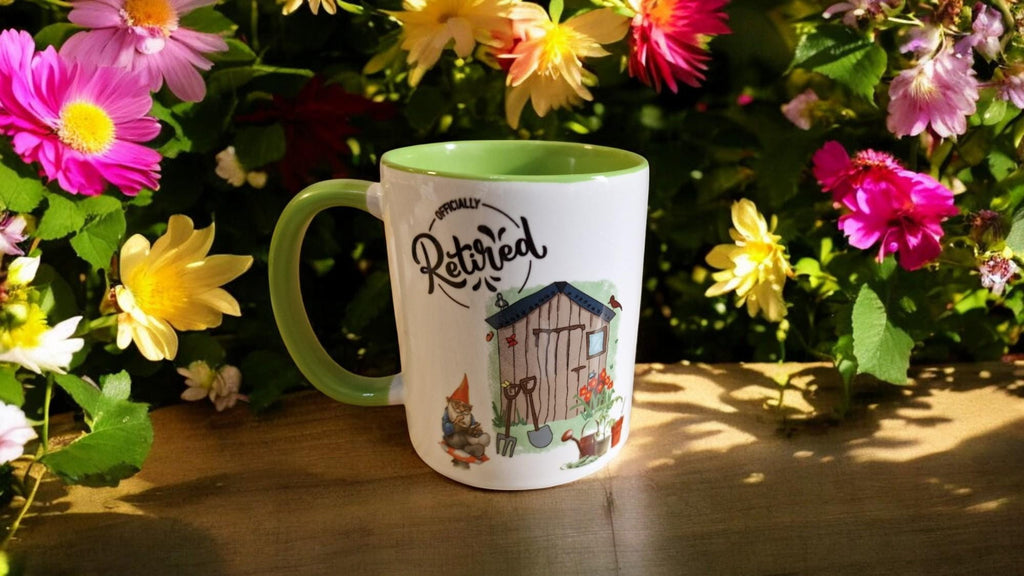 Happy Retirement mug with “You’re Leaving” and “Officially Retired” design, shown as a mug and as a quirky planter vase
