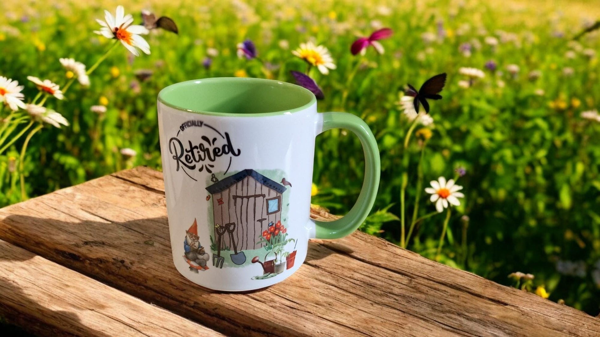 Happy Retirement mug with “You’re Leaving” and “Officially Retired” design, shown as a mug and as a quirky planter vase