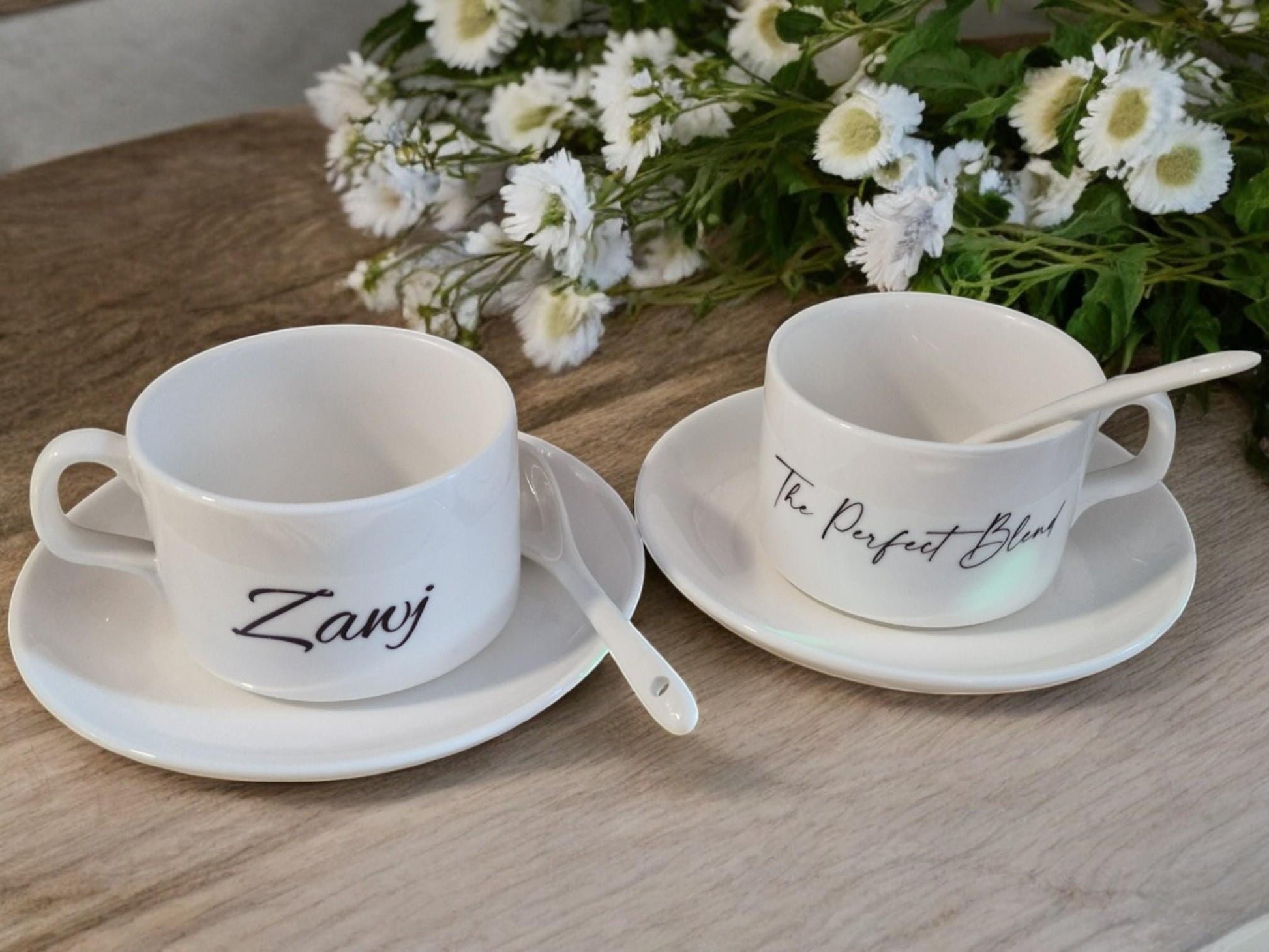 Personalised Zawj & Zawjah Islamic couple teacup set – custom name 3-piece ceramic gift with calligraphy, saucer, and spoon