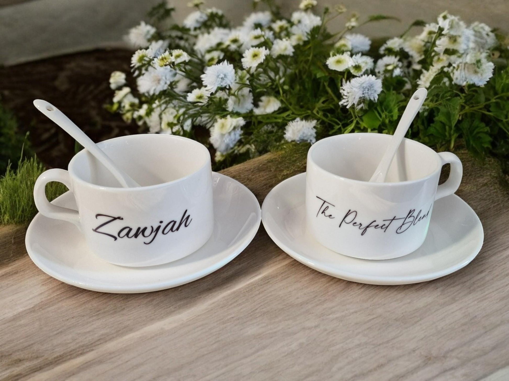 Personalised Zawj & Zawjah Islamic couple teacup set – custom name 3-piece ceramic gift with calligraphy, saucer, and spoon