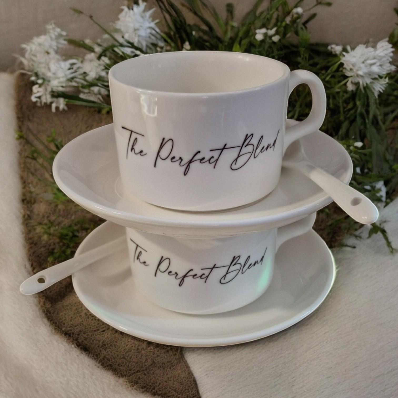 Personalised Zawj & Zawjah Islamic couple teacup set – custom name 3-piece ceramic gift with calligraphy, saucer, and spoon