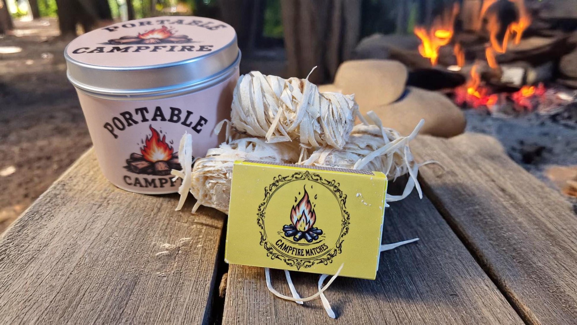 Portable campfire kit in a reusable tin, displayed as a mini fire starter gift set for camping and outdoor adventures.