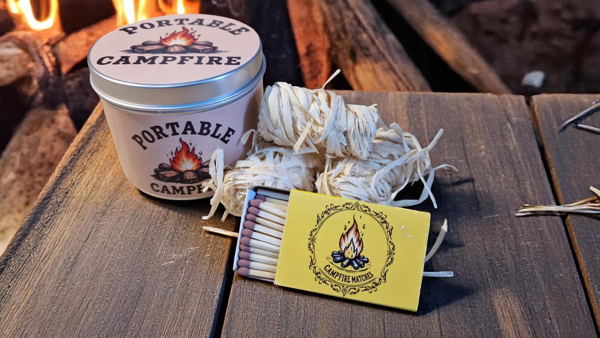 Portable campfire kit in a reusable tin, displayed as a mini fire starter gift set for camping and outdoor adventures.