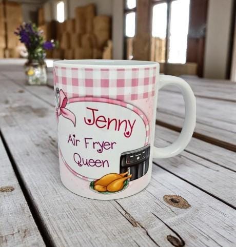 Personalised pink air fryer mug with gonk kitchen design and custom name – fun Ninja style kitchen gift for women