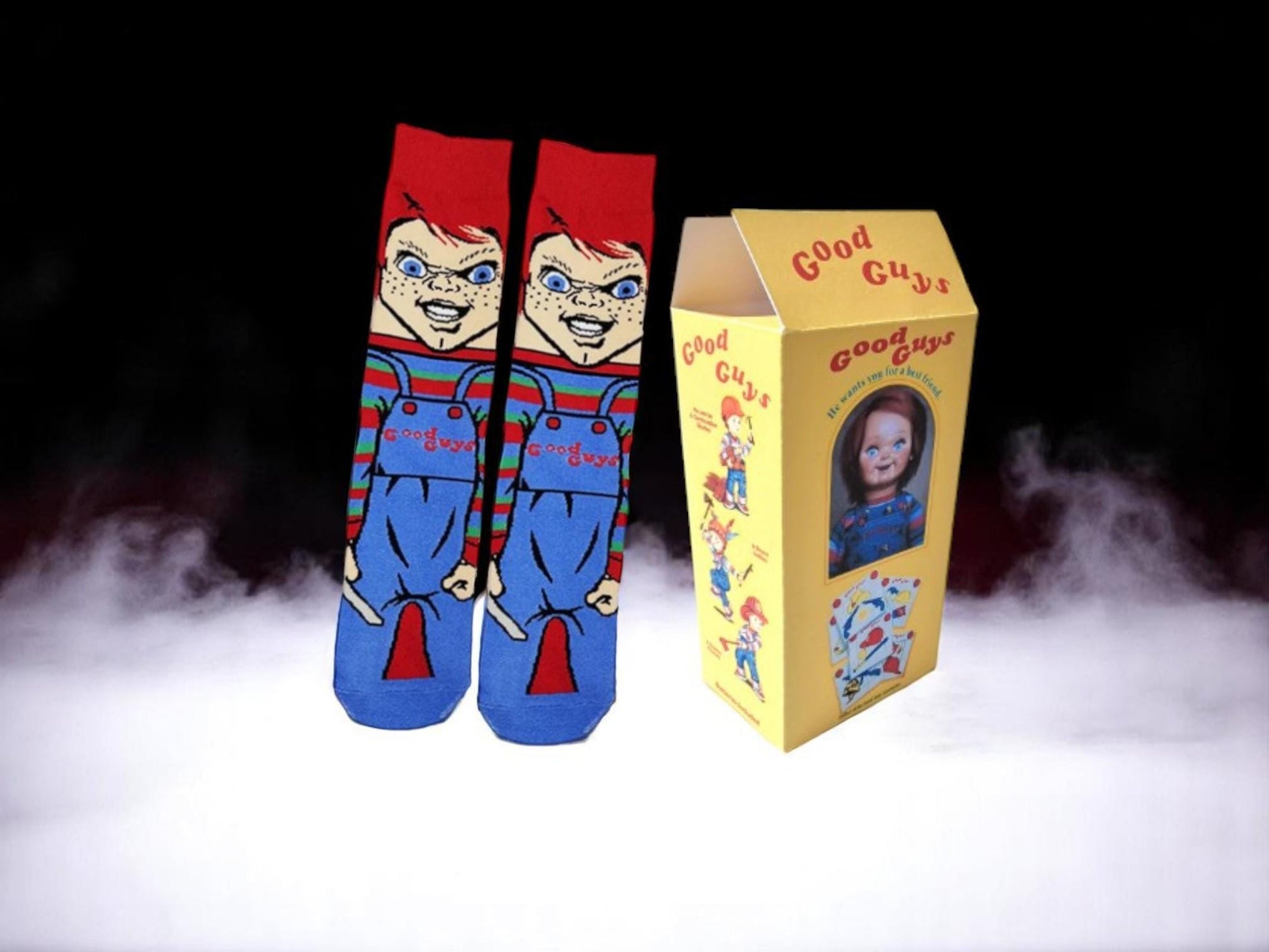 Chucky-themed socks in a Good Guys box with vegan edible cake toppers – perfect horror movie Halloween gift