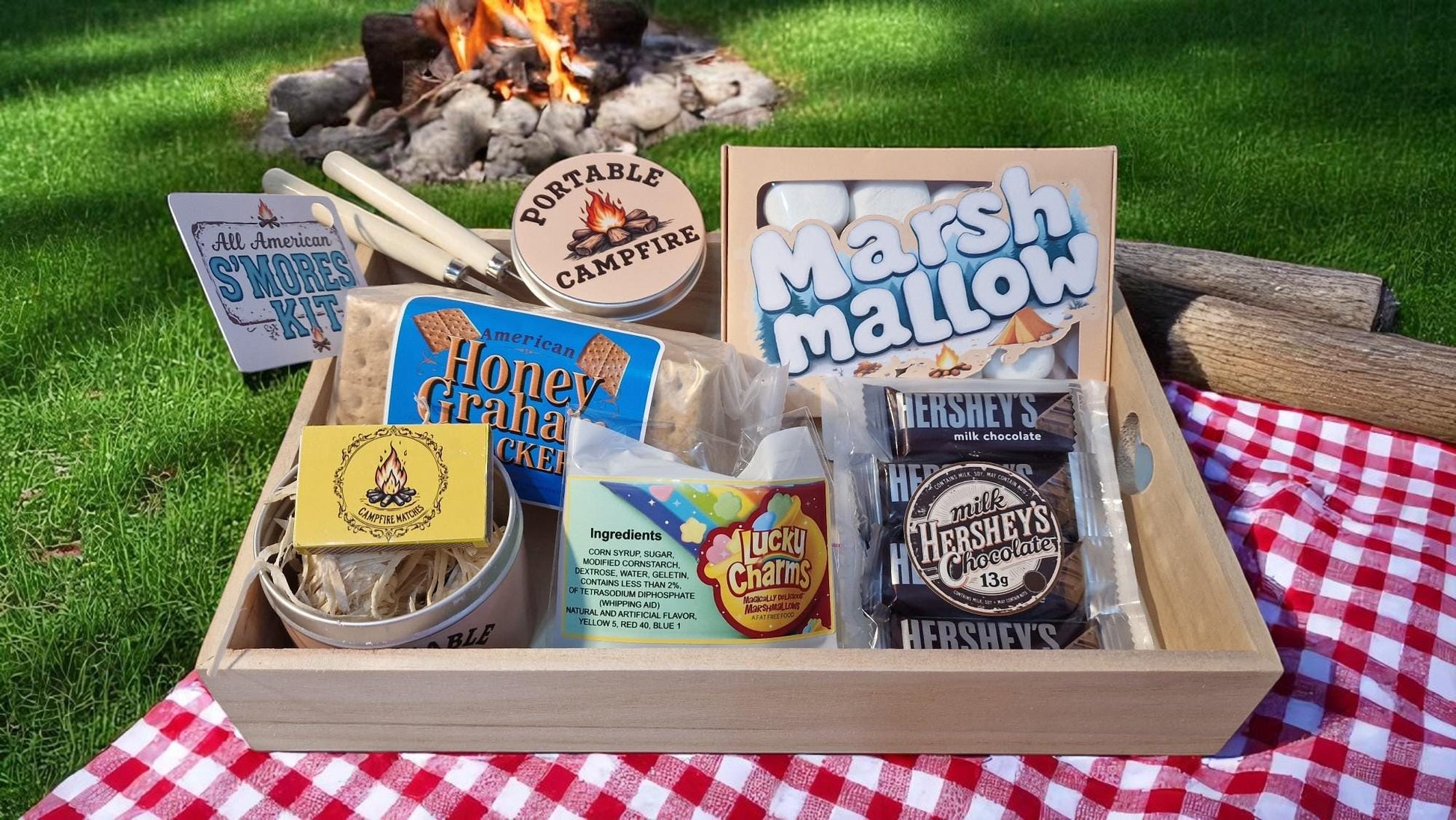 All-American S’mores Kit gift box with marshmallows, Hershey’s chocolate, graham crackers, and portable campfire—perfect for camping, parties, or family treats.