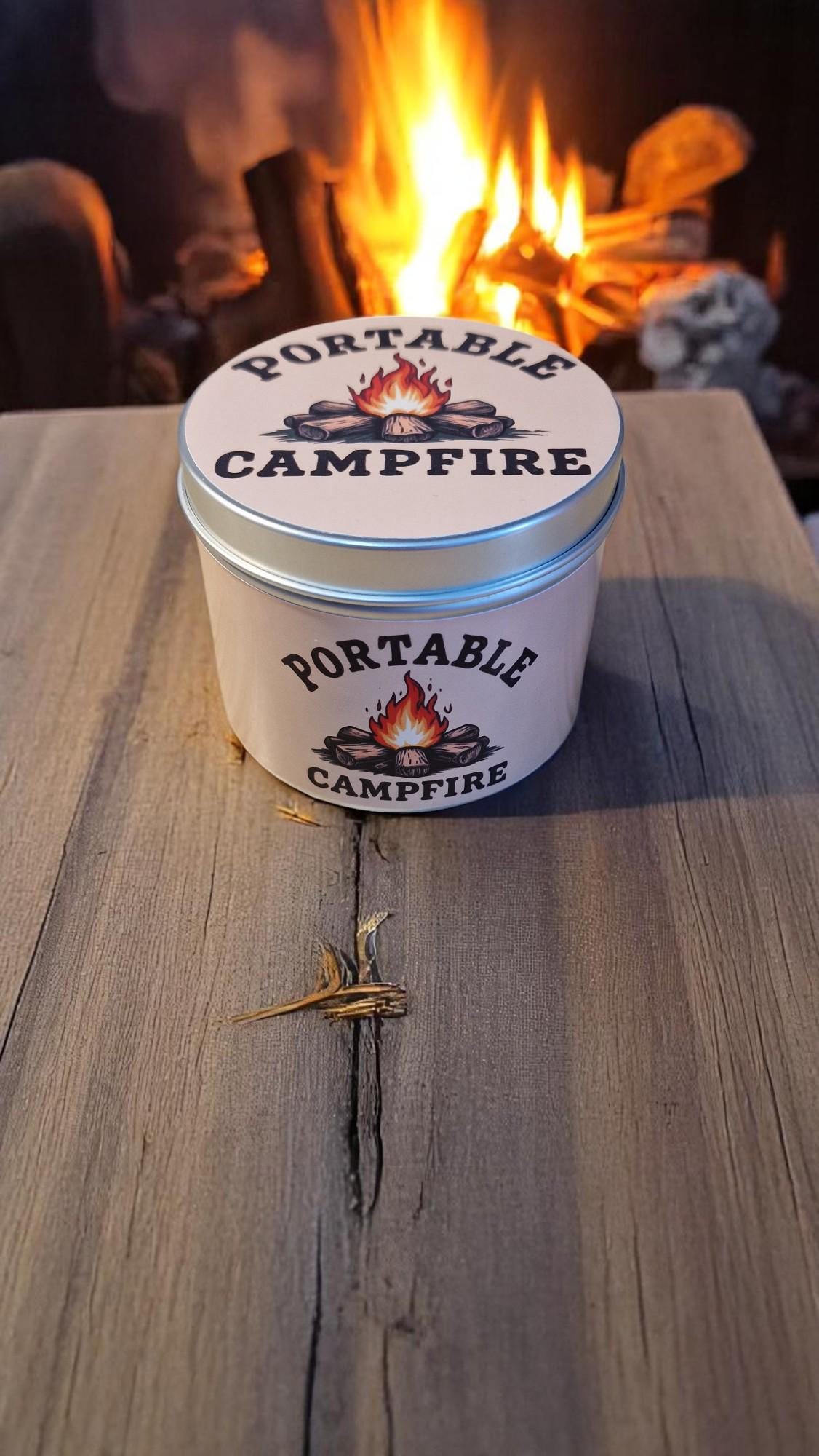 Portable campfire kit in a reusable tin, displayed as a mini fire starter gift set for camping and outdoor adventures.