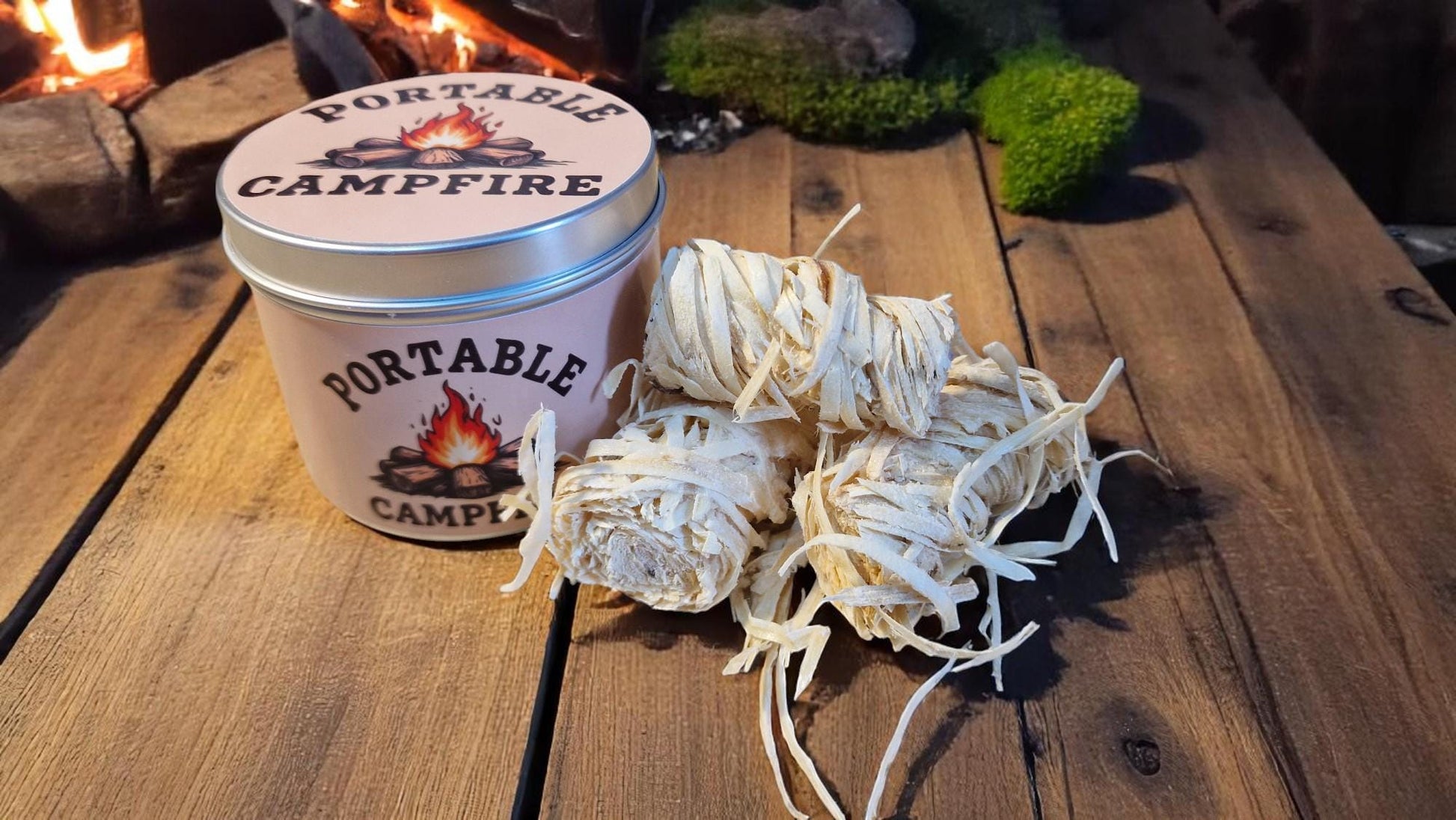 Portable campfire kit in a reusable tin, displayed as a mini fire starter gift set for camping and outdoor adventures.
