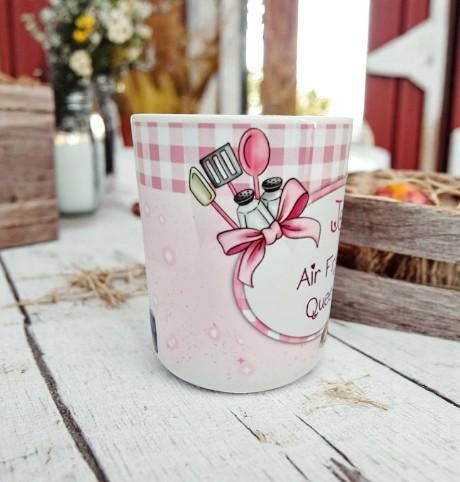 Personalised pink air fryer mug with gonk kitchen design and custom name – fun Ninja style kitchen gift for women